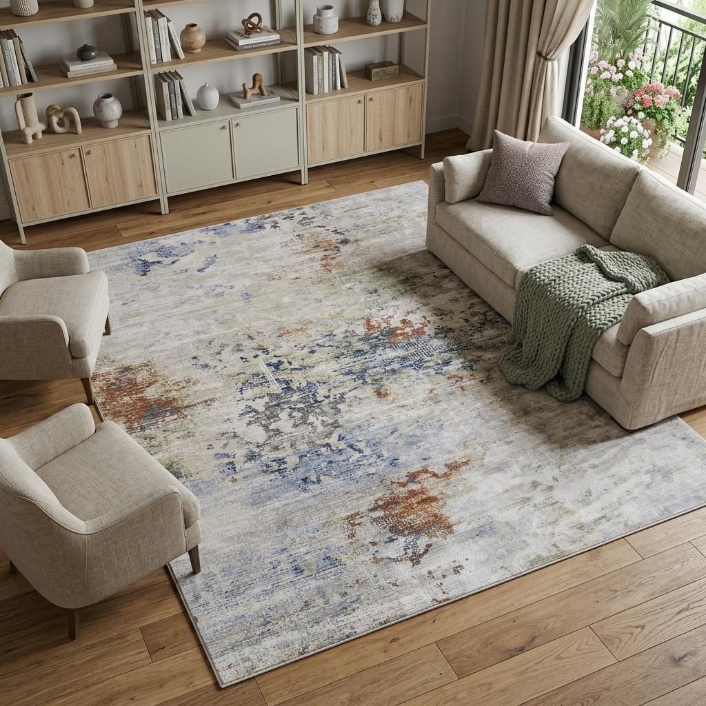 9′ X 13′ Red Blue and Ivory Abstract Area Rug