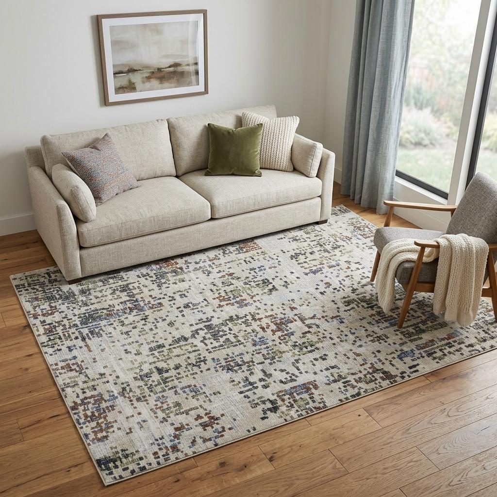 5′ X 8′ Ivory Green and Blue Abstract Area Rug
