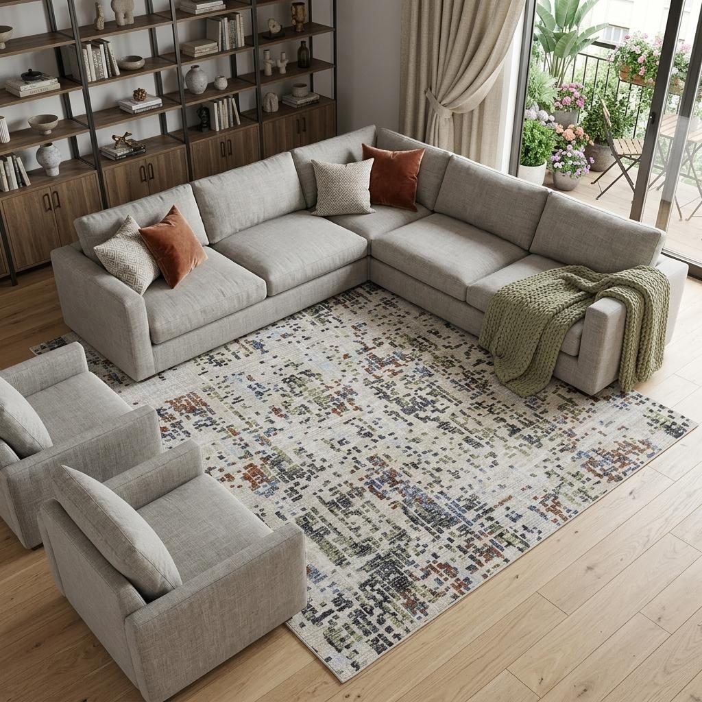 7′ X 10′ Ivory Green and Blue Abstract Area Rug