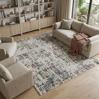 8′ X 10′ Ivory Green and Blue Abstract Area Rug