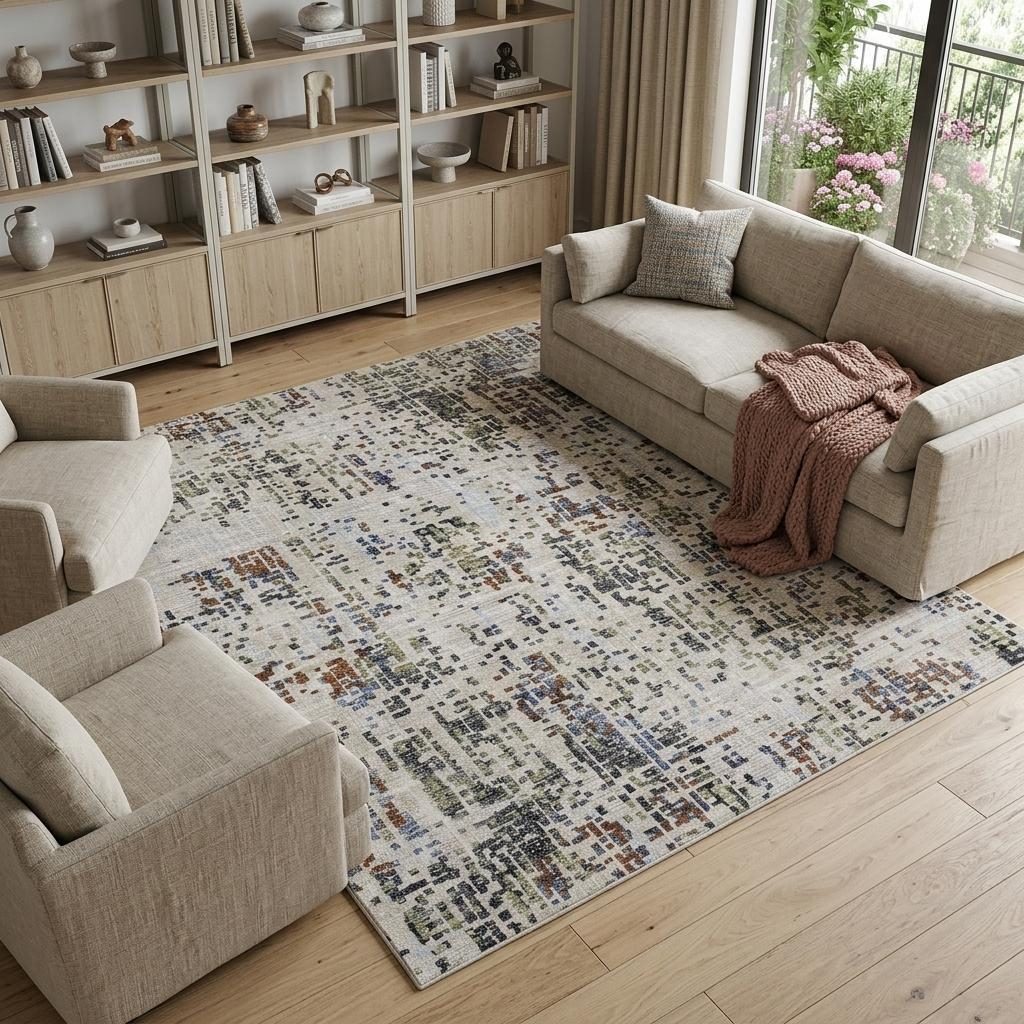 8′ X 10′ Ivory Green and Blue Abstract Area Rug