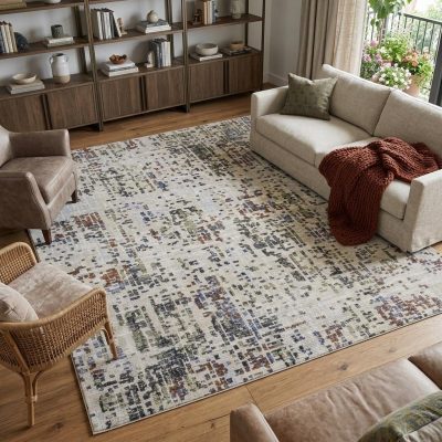 9′ X 13′ Ivory Green and Blue Abstract Area Rug
