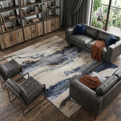 8′ X 10′ Blue Gray and Tan Abstract Area Rug