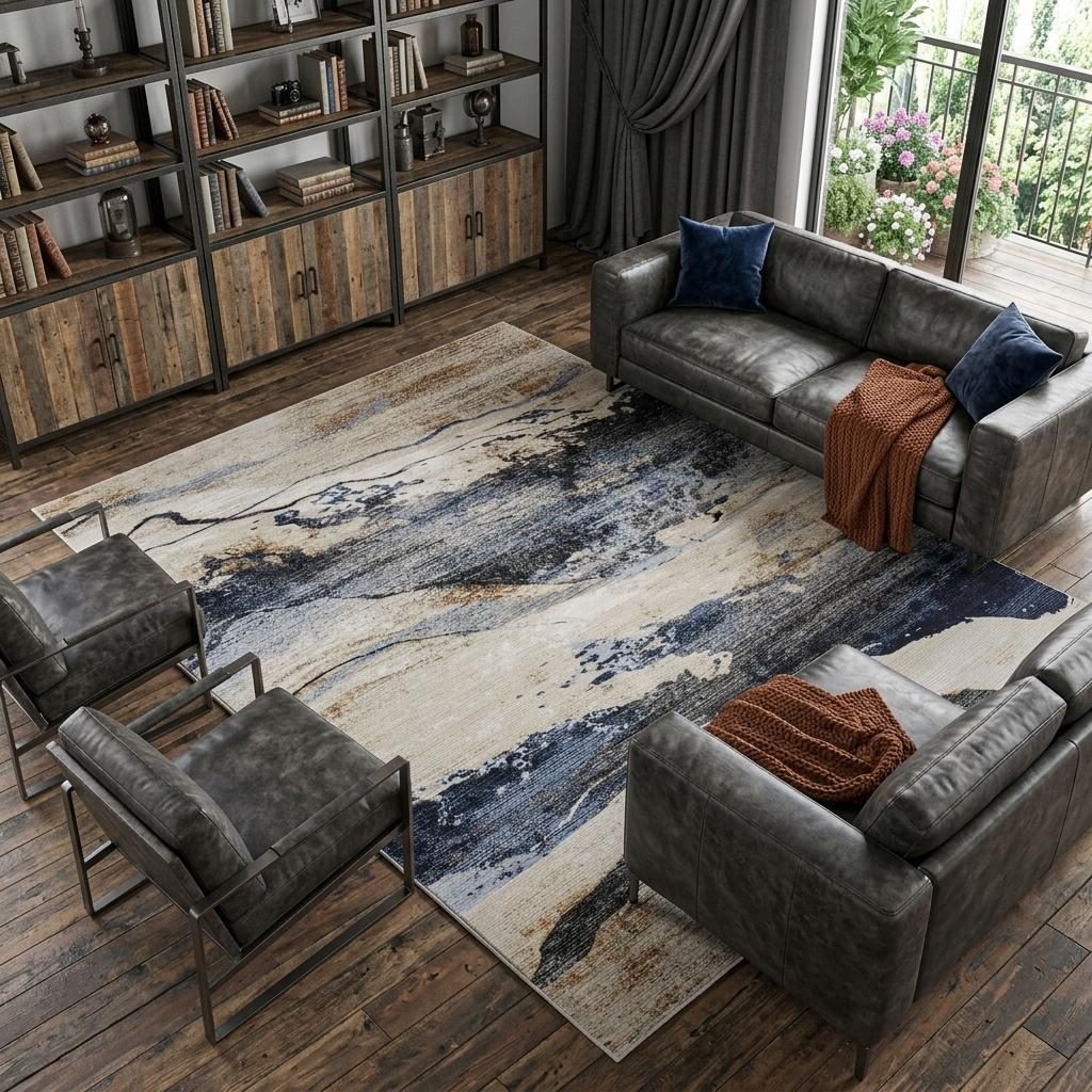 8′ X 10′ Blue Gray and Tan Abstract Area Rug