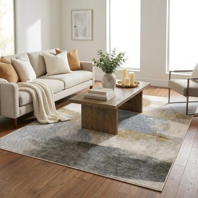 5′ × 8′ Beige Rust Abstract Distressed Fringe Area Rug