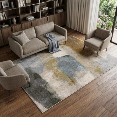 8′ × 11′ Beige and Rust Abstract Distressed Area Rug