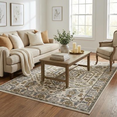 5′ × 8′ Ivory and Rust Floral Fringe Area Rug