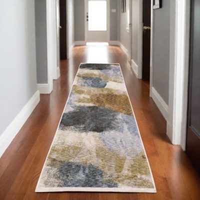 8′ Beige and Rust Abstract Runner Rug with Fringe