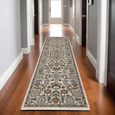 8′ Ivory And Rust Floral Runner Rug With Fringe