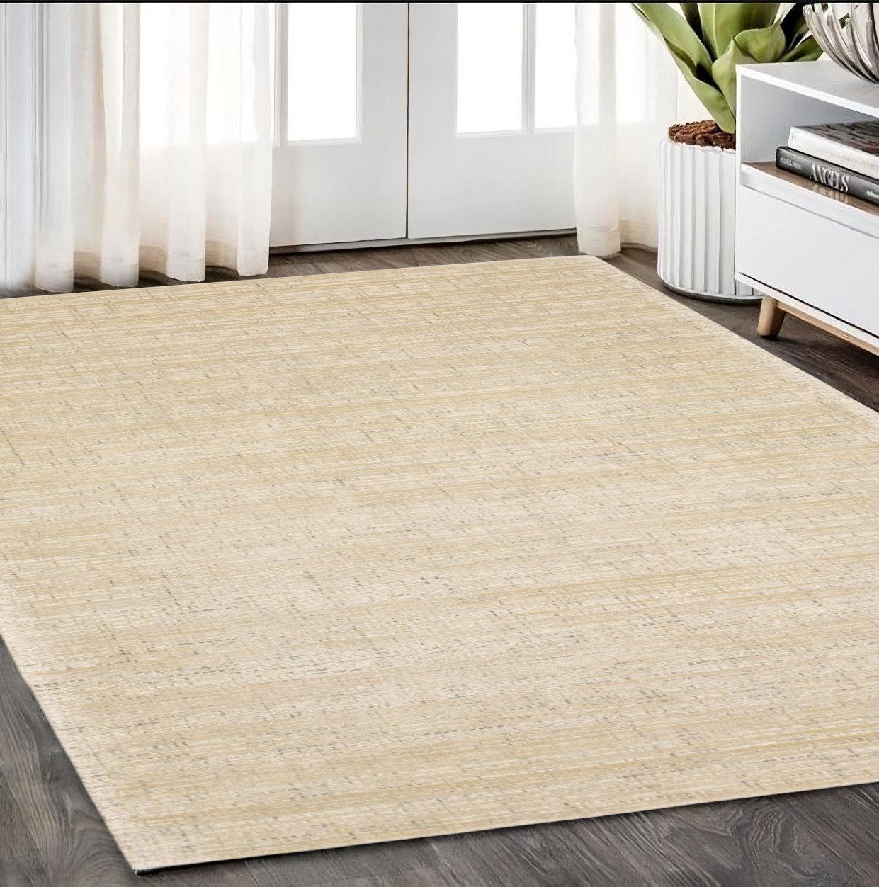 Beige and Ivory Striped Viscose Wool Rectangle Area Rug, 5′ × 8′