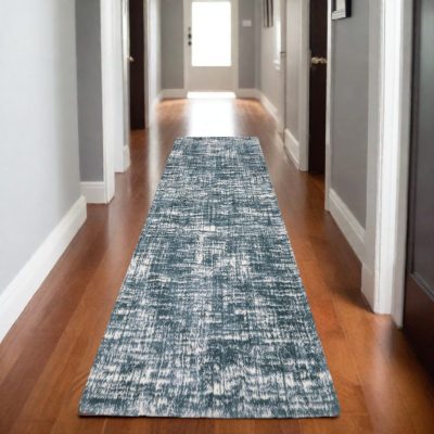 8′ Teal And Ivory Geometric Runner Rug