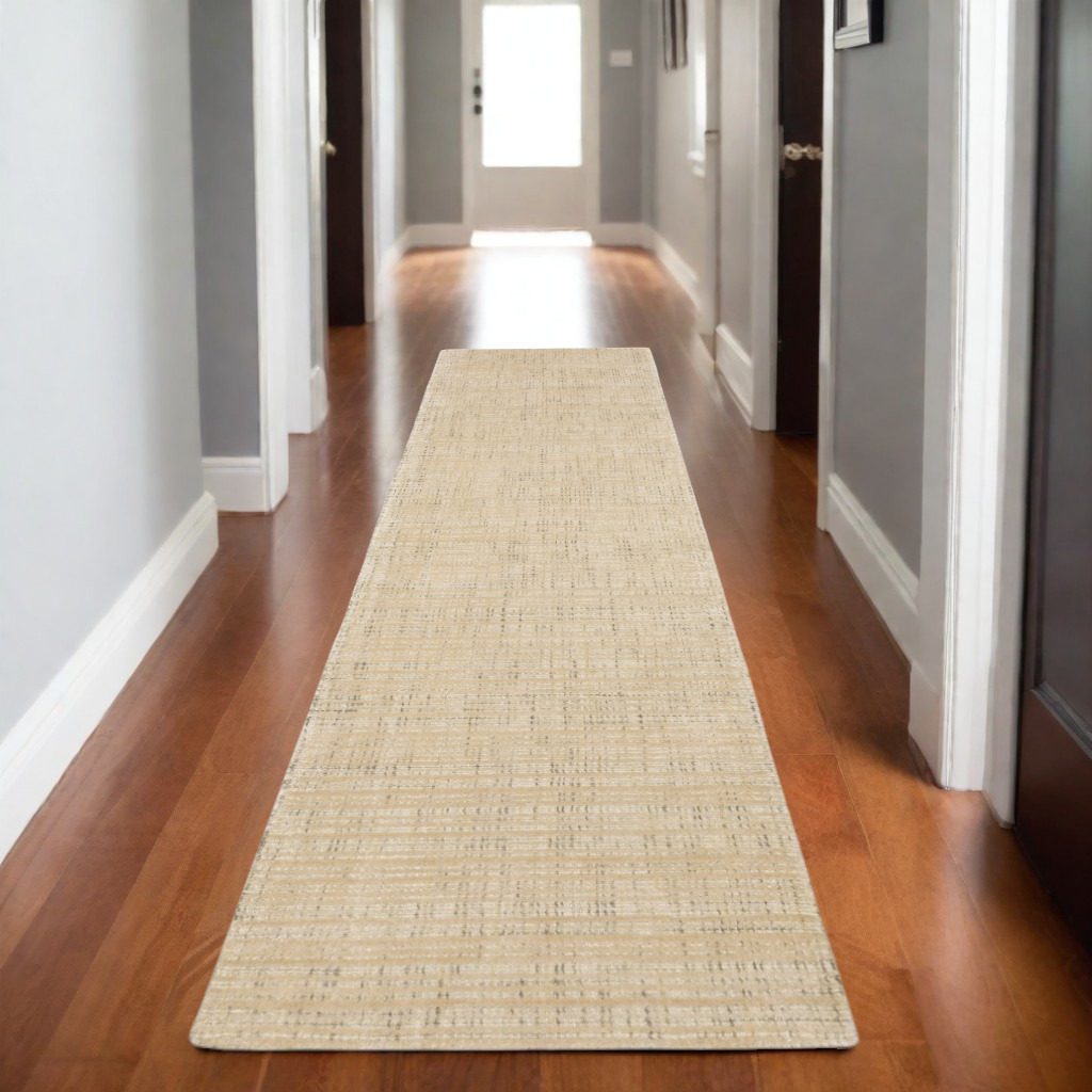 Beige and Ivory Striped Viscose Wool Rectangle Area Rug, 8′ Runner