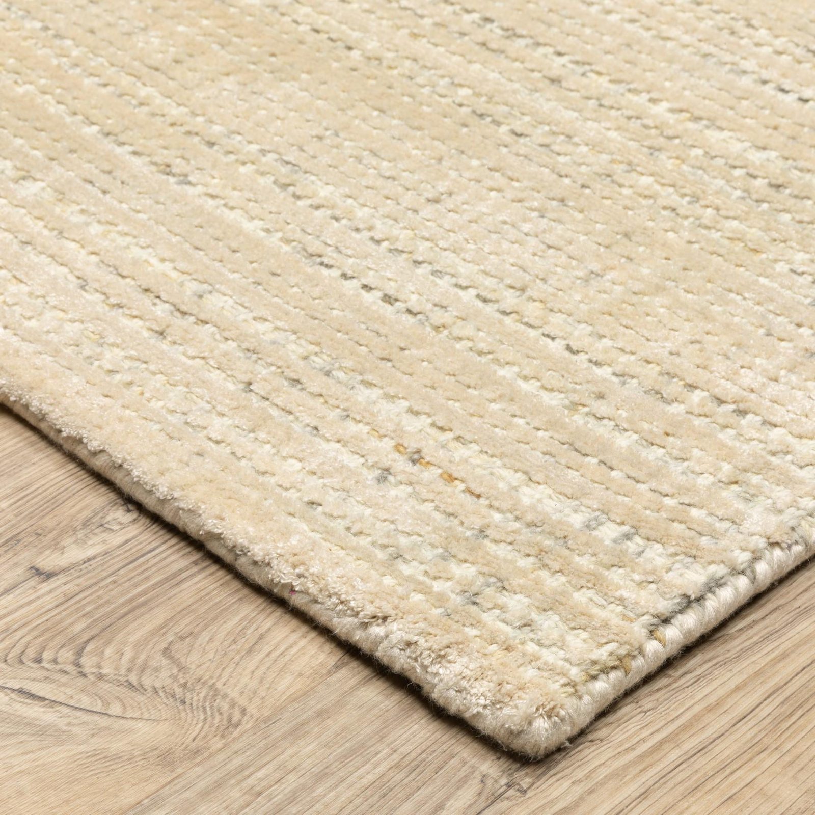 Beige and Ivory Striped Viscose Wool Rectangle Area Rug