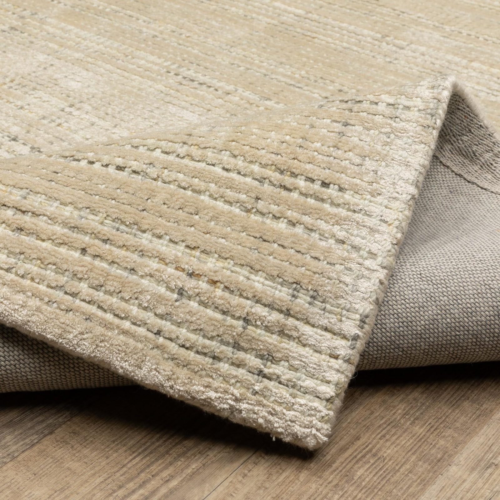 Beige and Ivory Striped Viscose Wool Rectangle Area Rug