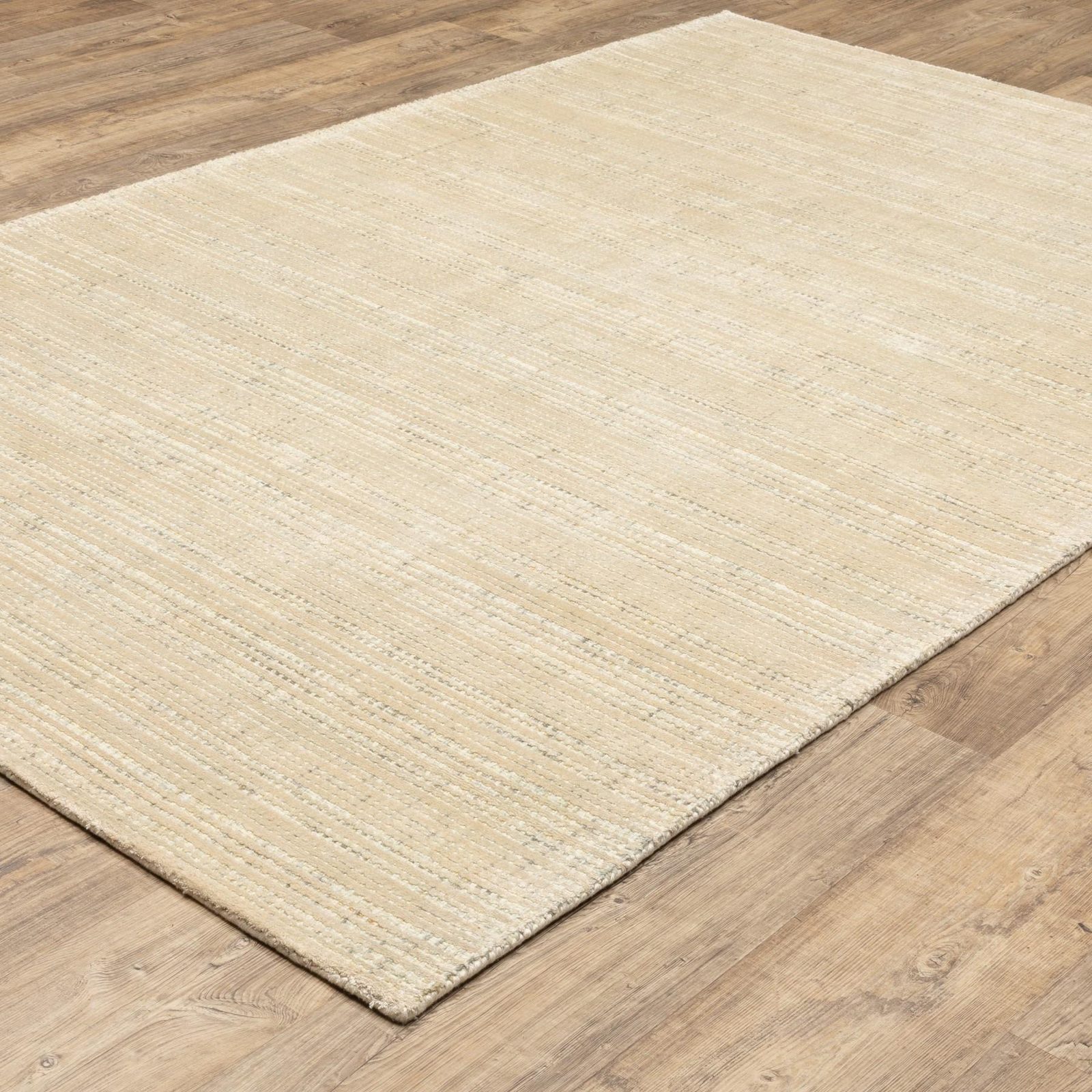 Beige and Ivory Striped Viscose Wool Rectangle Area Rug