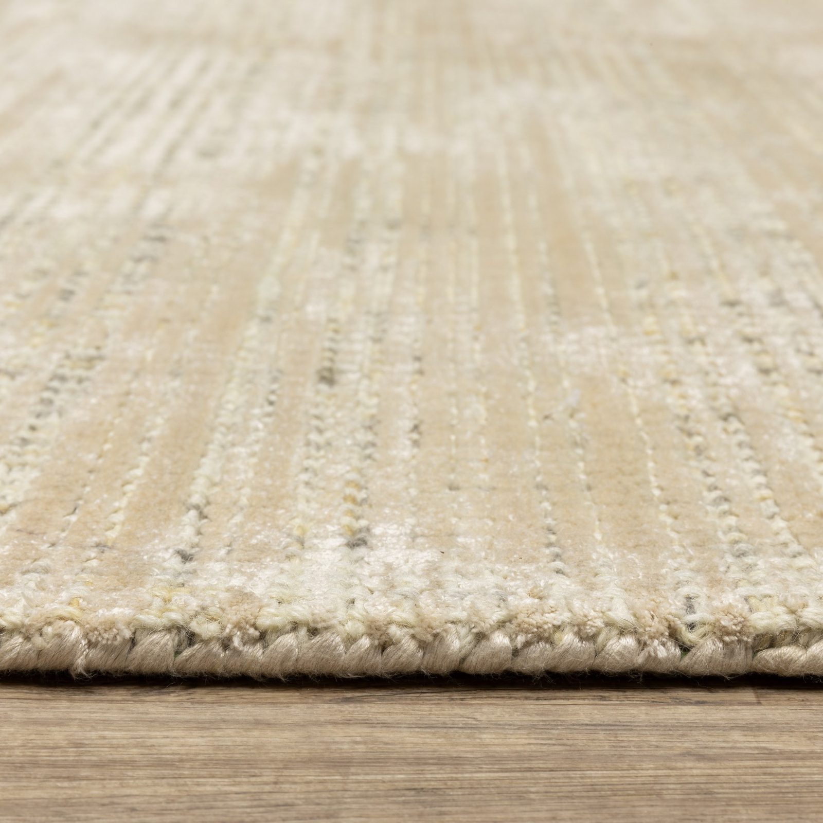 Beige and Ivory Striped Viscose Wool Rectangle Area Rug
