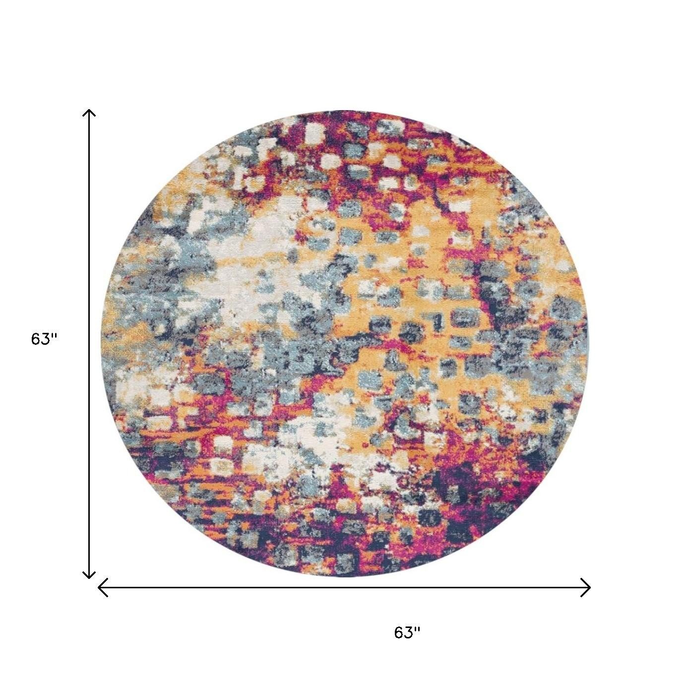 5′ X 5′ Yellow and Blue Abstract Round Rug