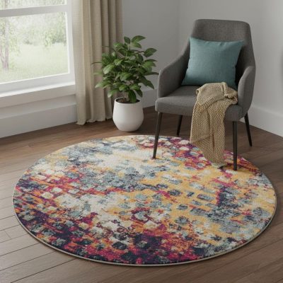 5′ × 5′ Yellow and Blue Abstract Round Rug