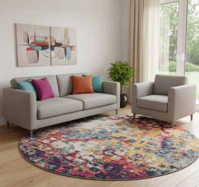 8′ X 8′ Yellow And Blue Abstract Round Rug