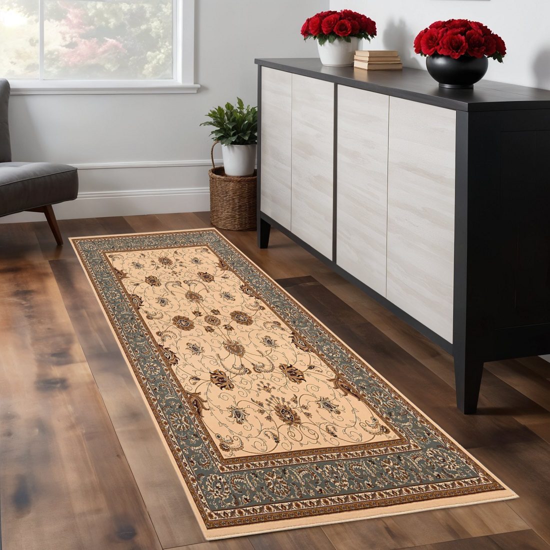 7′ Dark Gray Tan and Brown Oriental Runner Rug