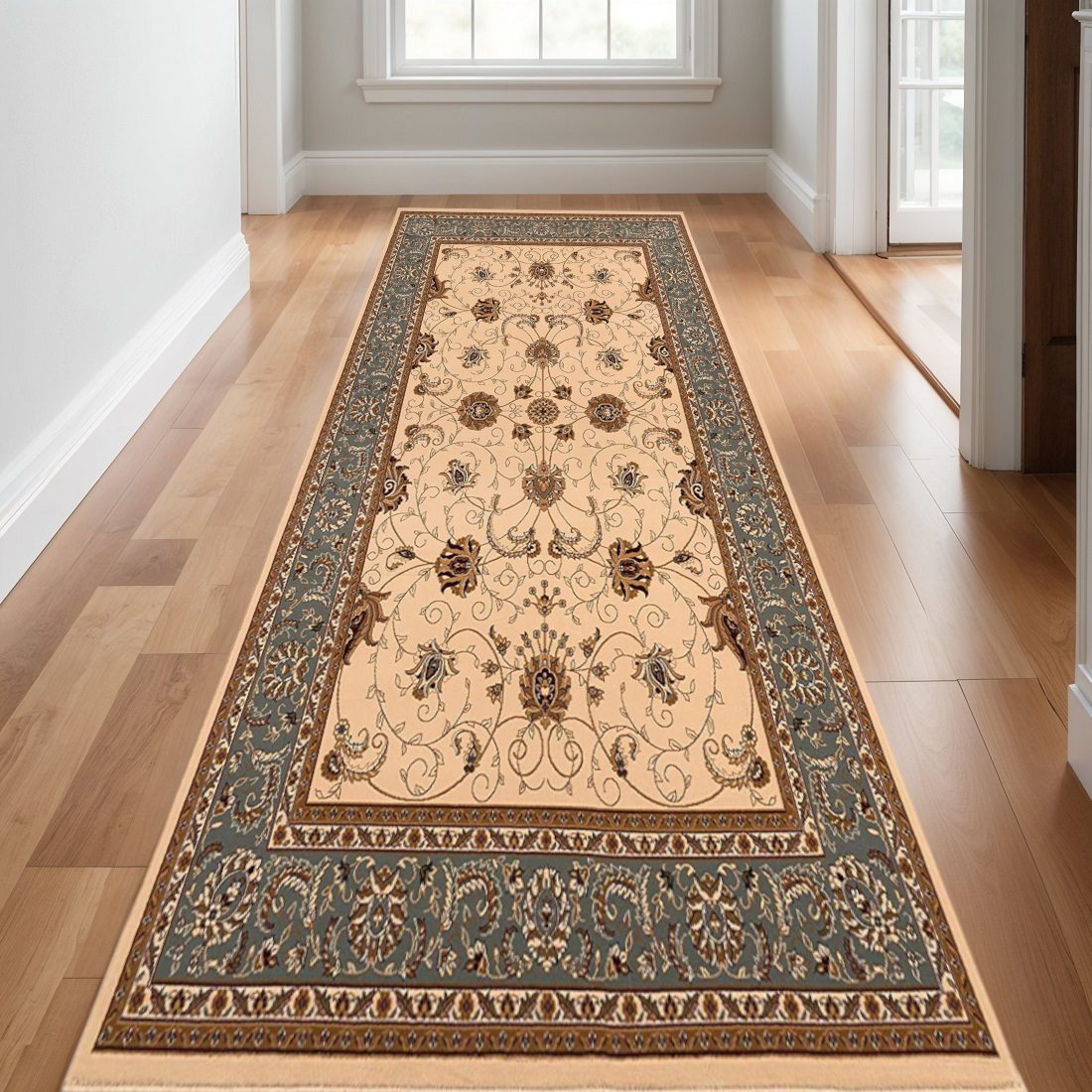 17′ Dark Gray Tan And Brown Oriental Runner Rug