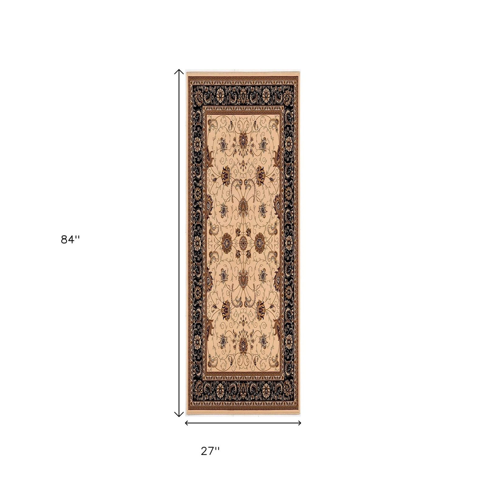 7′ Black Tan And Brown Oriental Runner