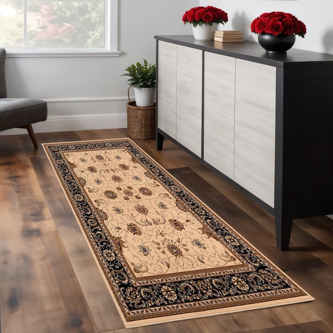 7′ Black Tan And Brown Oriental Runner