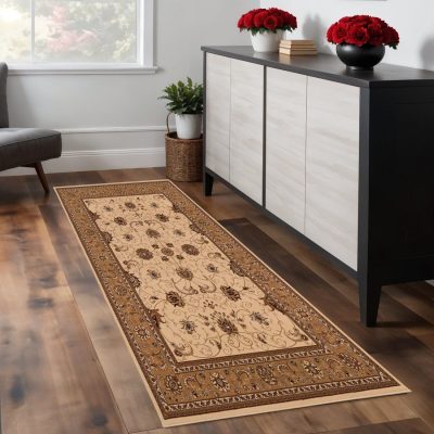 9′ Tan and Brown Oriental Runner Rug