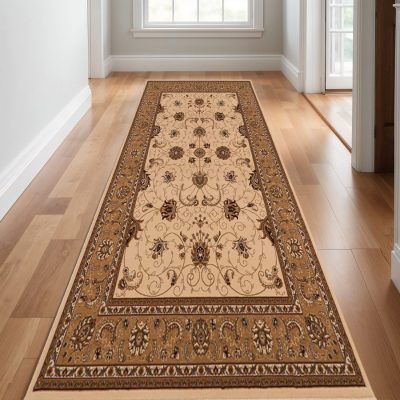 25′ Tan and Brown Oriental Runner Rug