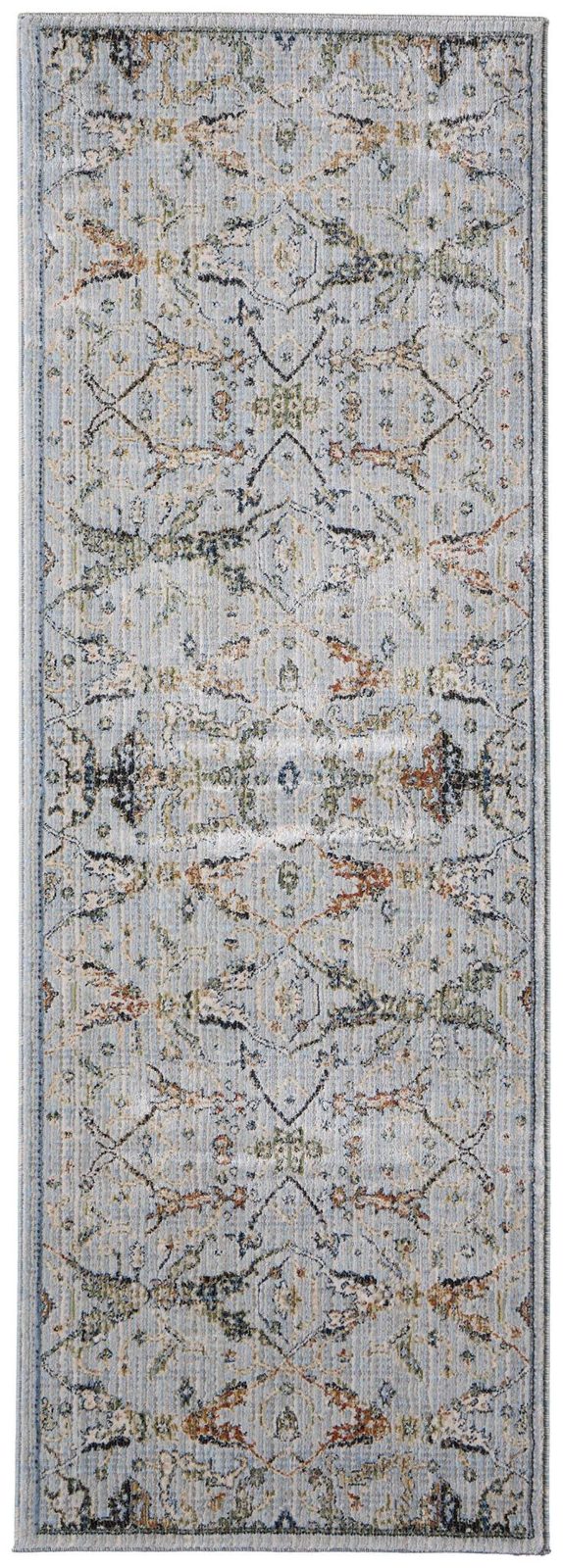 8′ Gray Blue and Green Floral Runner Rug