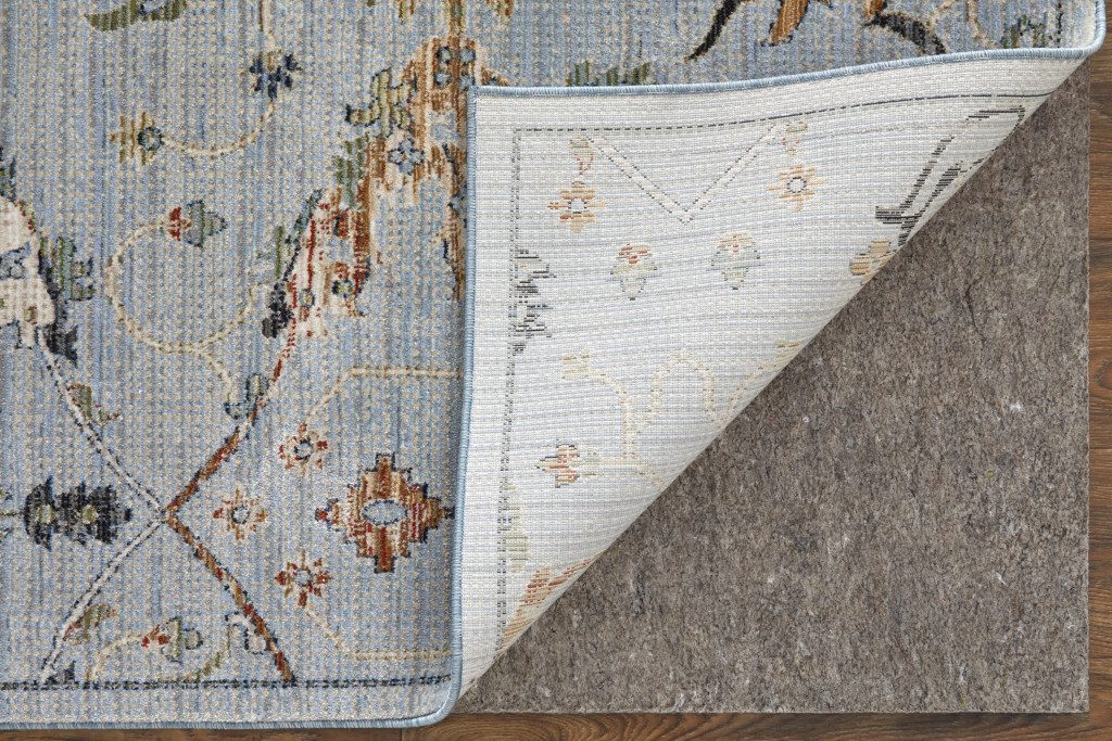 8′ Gray Blue and Green Floral Runner Rug