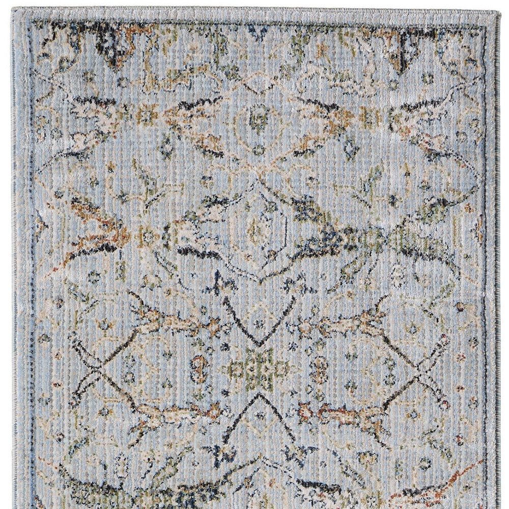 8′ Gray Blue and Green Floral Runner Rug