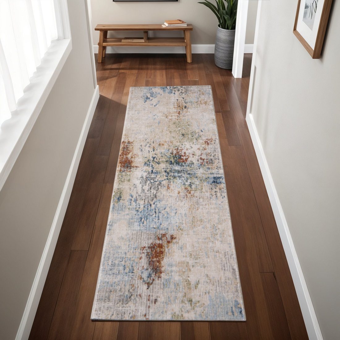 8′ Ivory Blue and Red Abstract Runner Rug