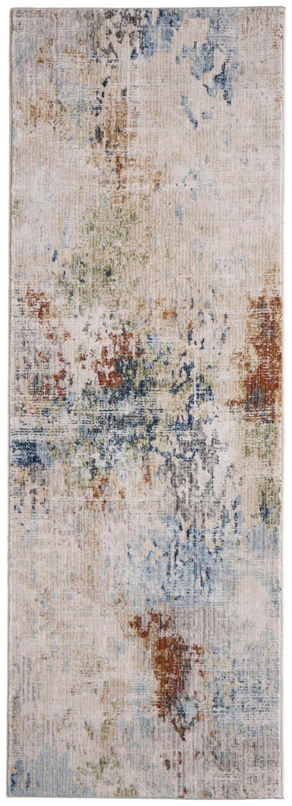 8′ Ivory Blue and Red Abstract Runner Rug