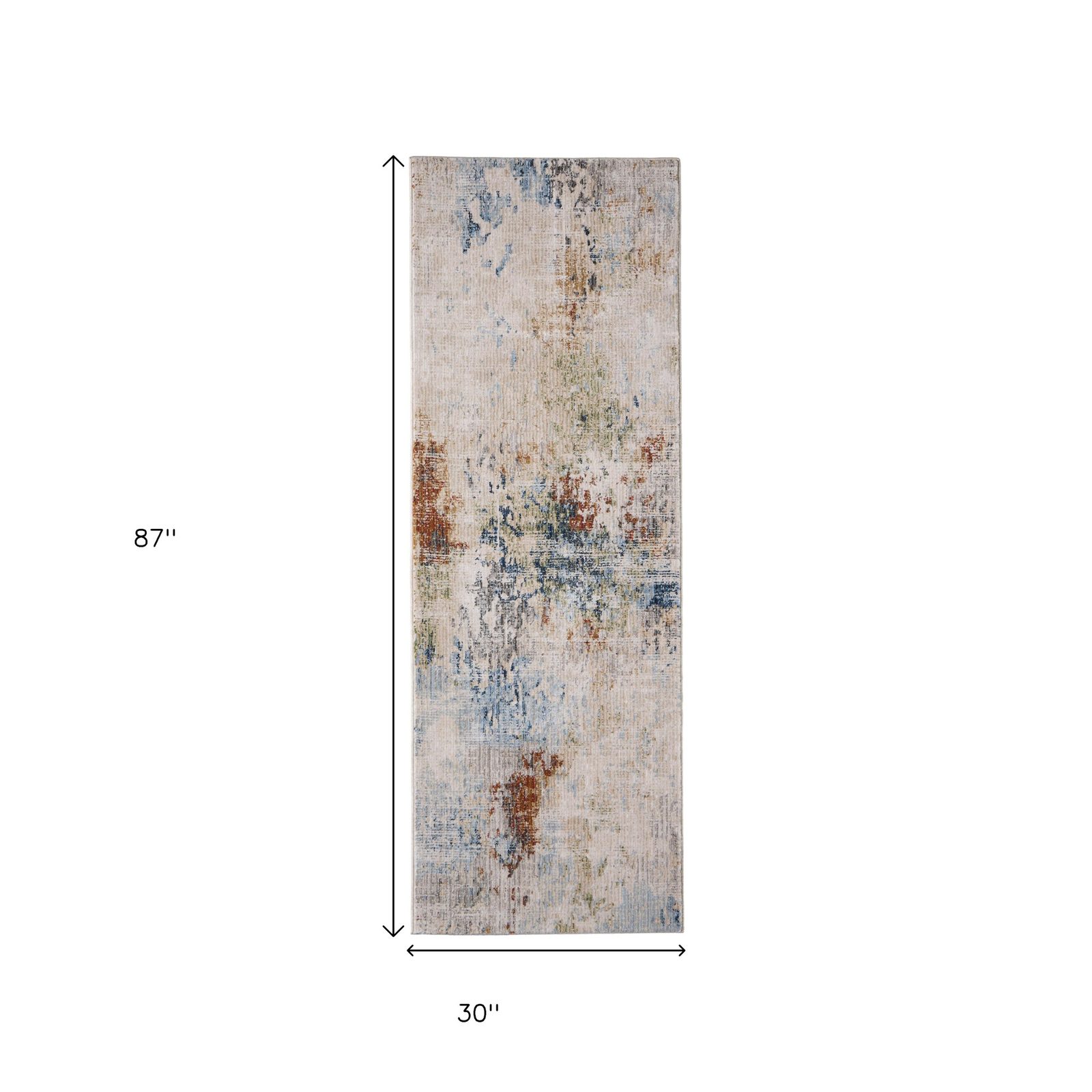 8′ Ivory Blue and Red Abstract Runner Rug
