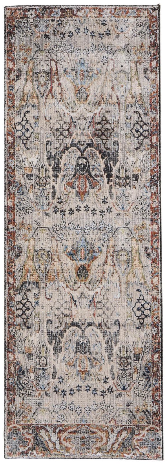 8′ Gray Black And Red Ikat Runner Rug