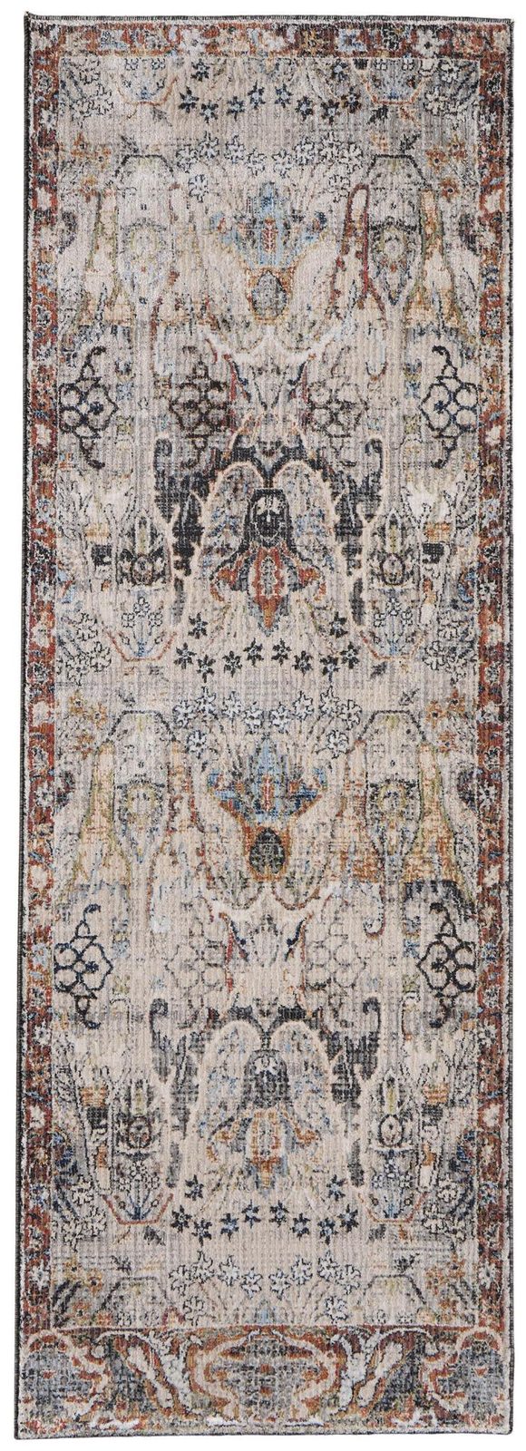 8′ Gray Black And Red Ikat Runner Rug
