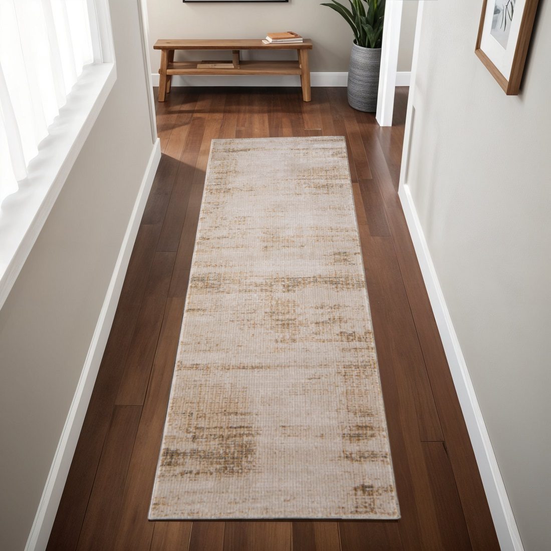8′ Ivory and Tan Abstract Distressed Runner Rug