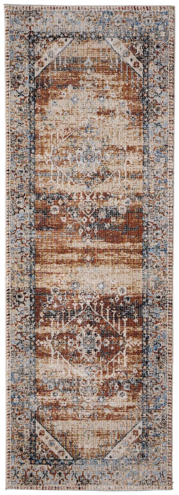 8′ Ivory Red And Blue Abstract Distressed Runner Rug