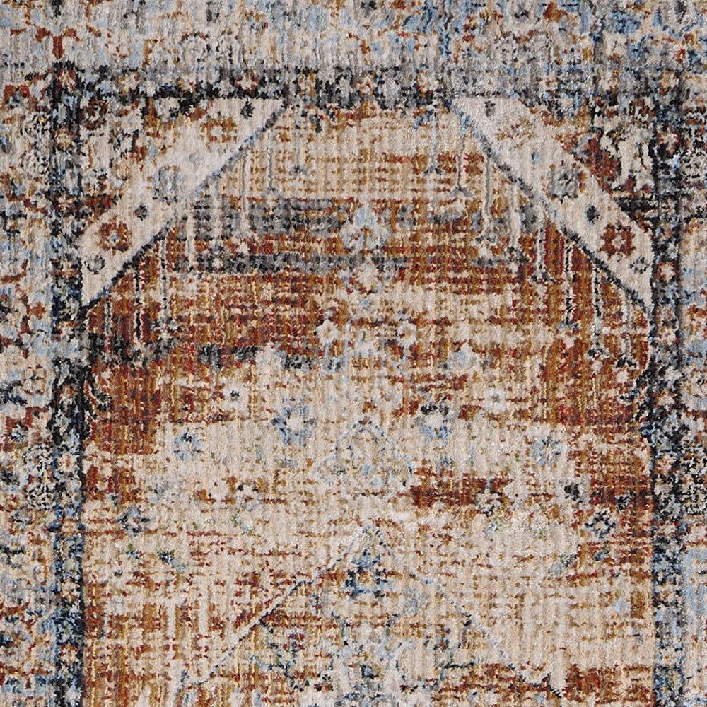 8′ Ivory Red And Blue Abstract Distressed Runner Rug