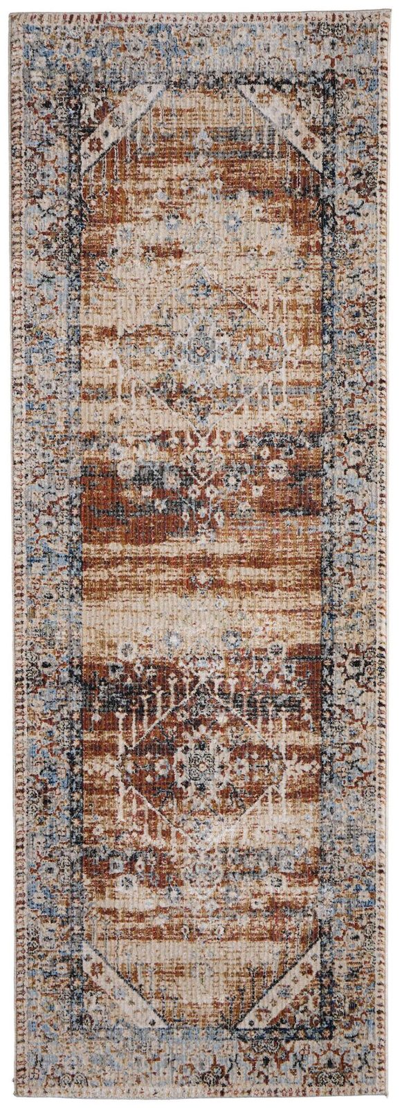 8′ Ivory Red And Blue Abstract Distressed Runner Rug