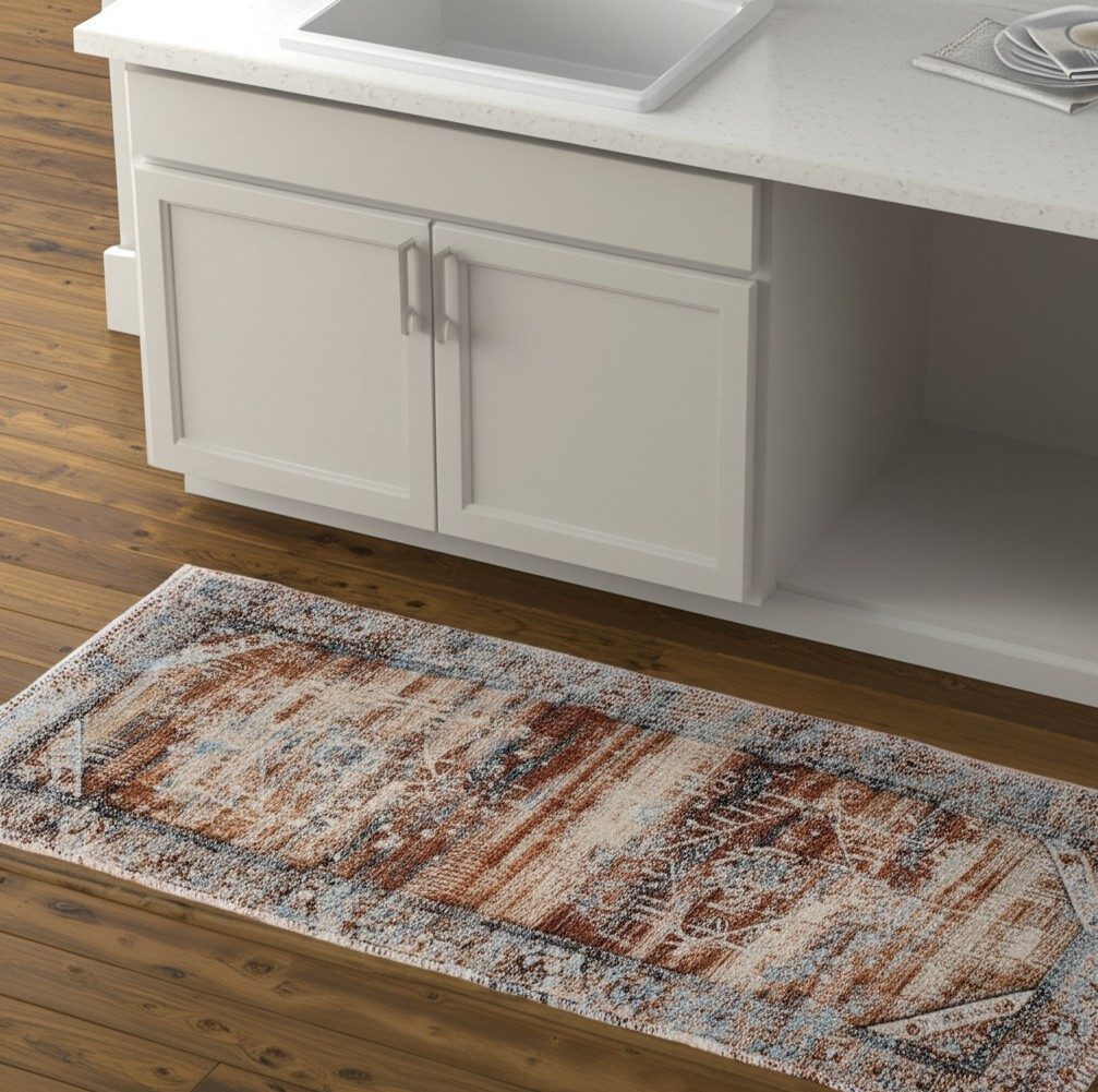 8′ Ivory Red And Blue Abstract Distressed Runner Rug
