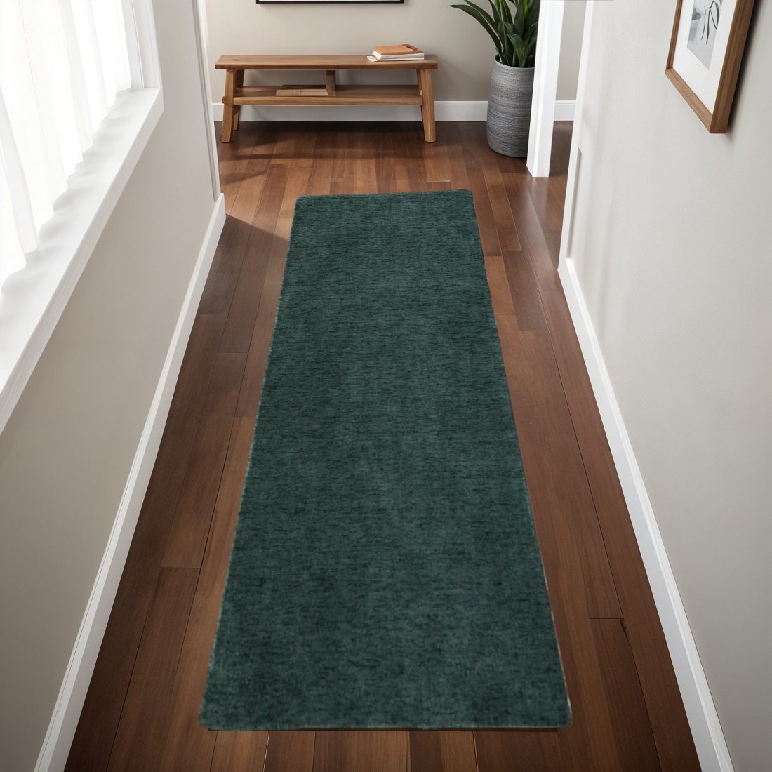 8′ Green Hand Woven Runner Rug
