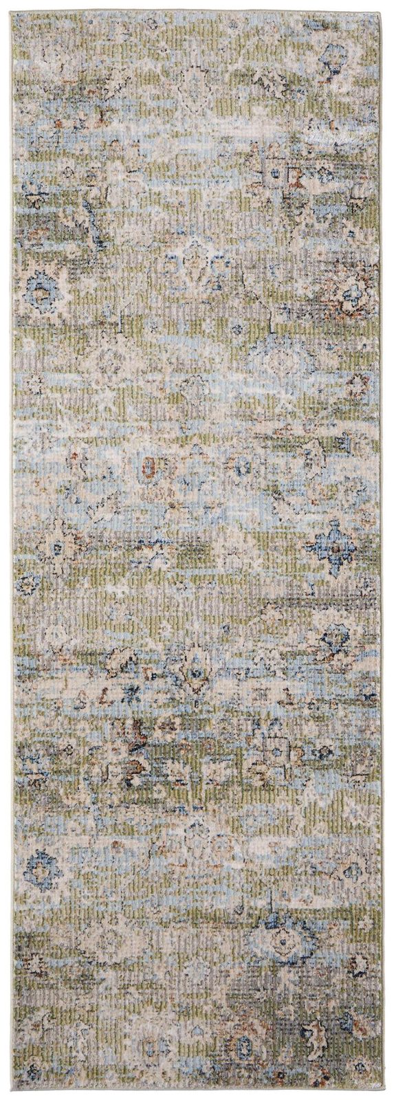 8′ Green Ivory and Blue Floral Distressed Runner Rug