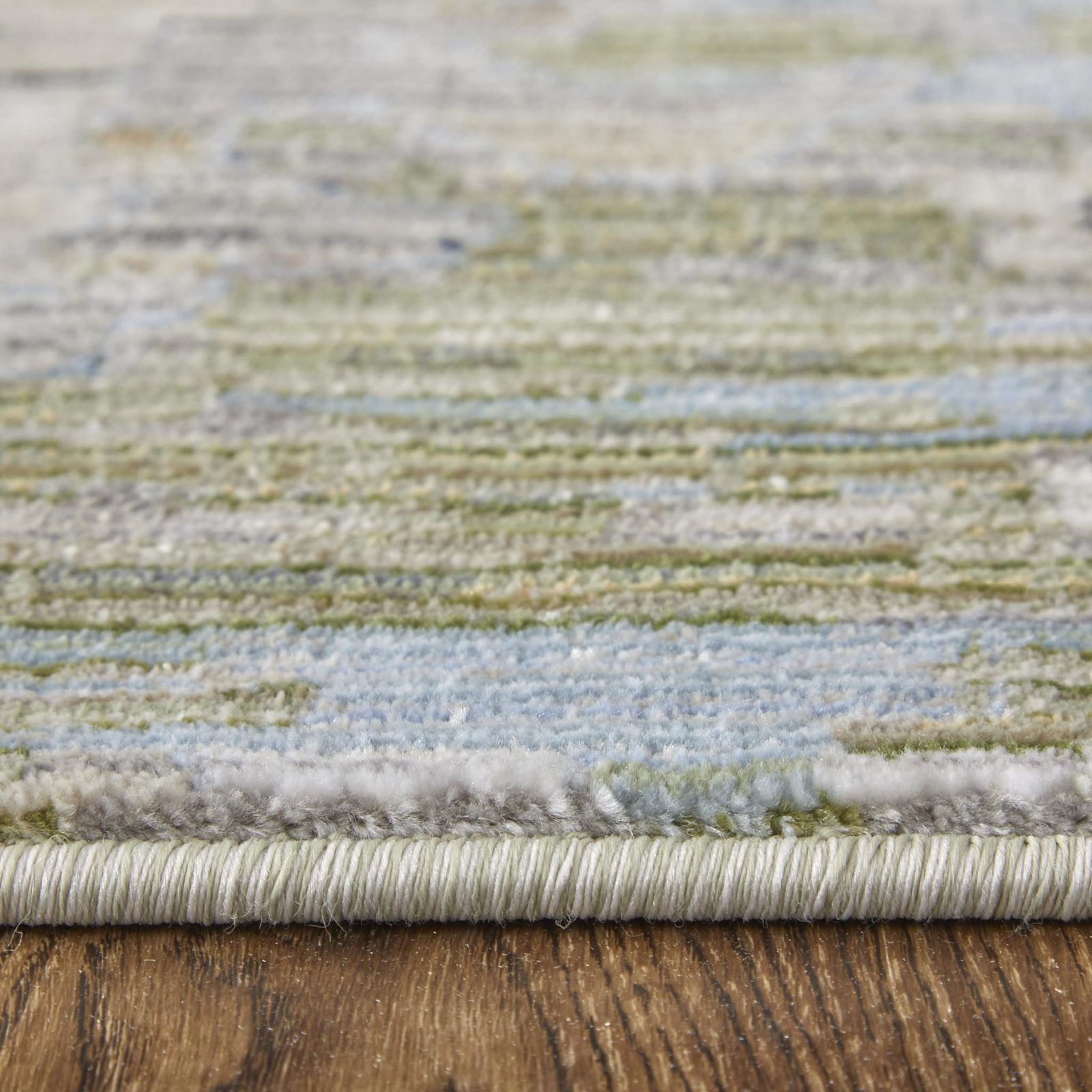 8′ Green Ivory and Blue Floral Distressed Runner Rug