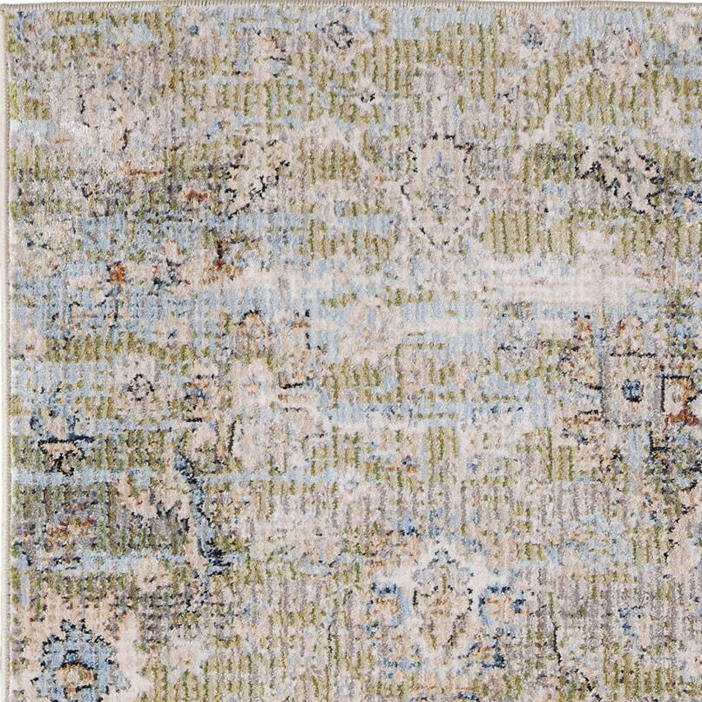 8′ Green Ivory and Blue Floral Distressed Runner Rug