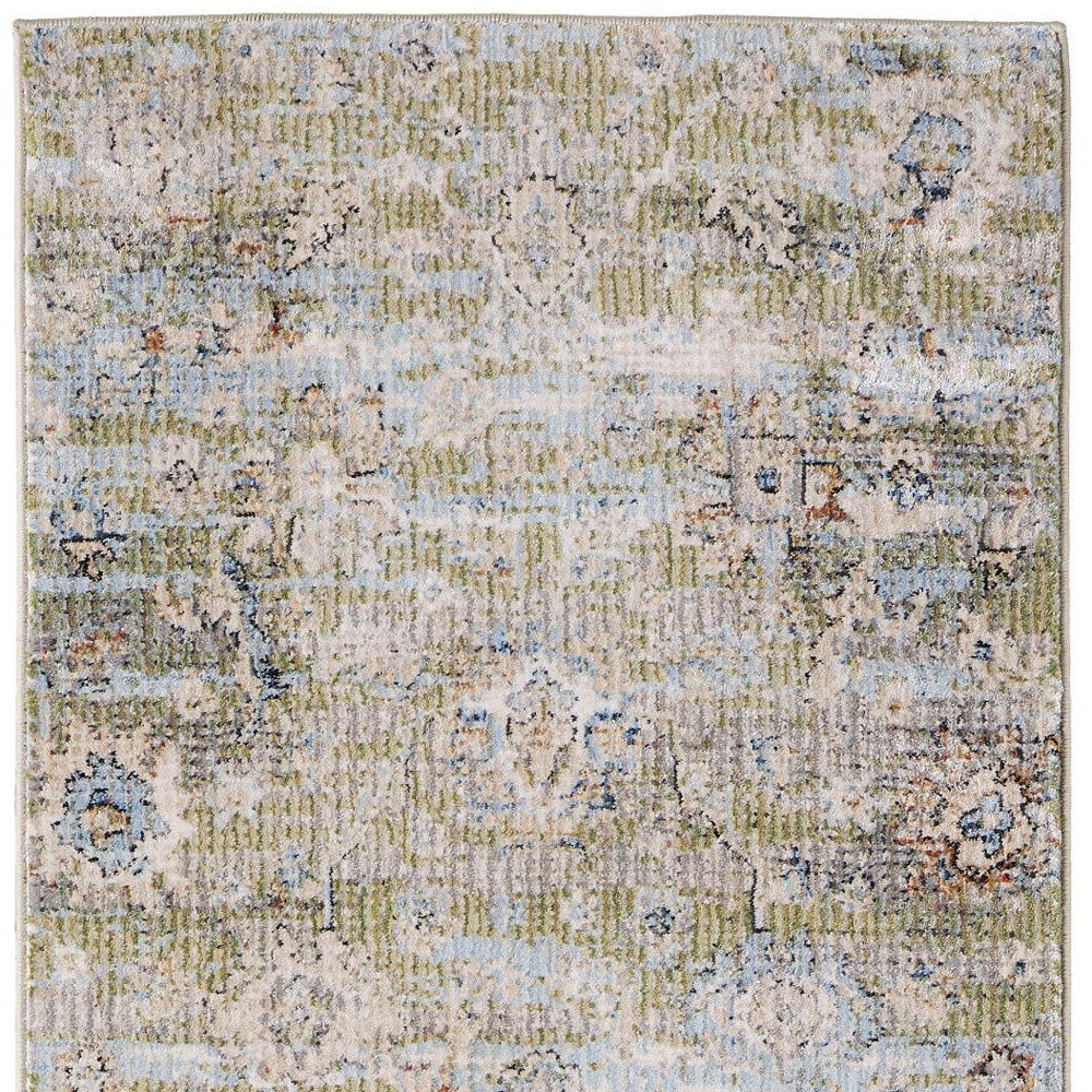 8′ Green Ivory and Blue Floral Distressed Runner Rug