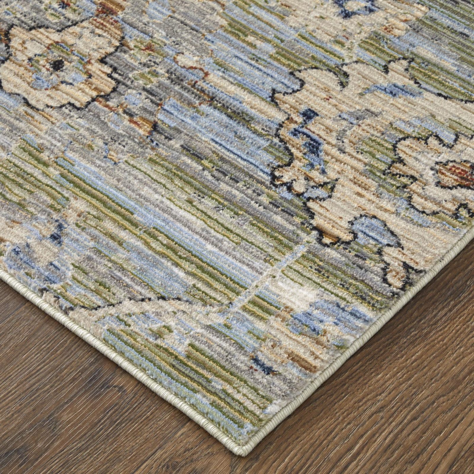 8′ Green Ivory and Blue Floral Distressed Runner Rug