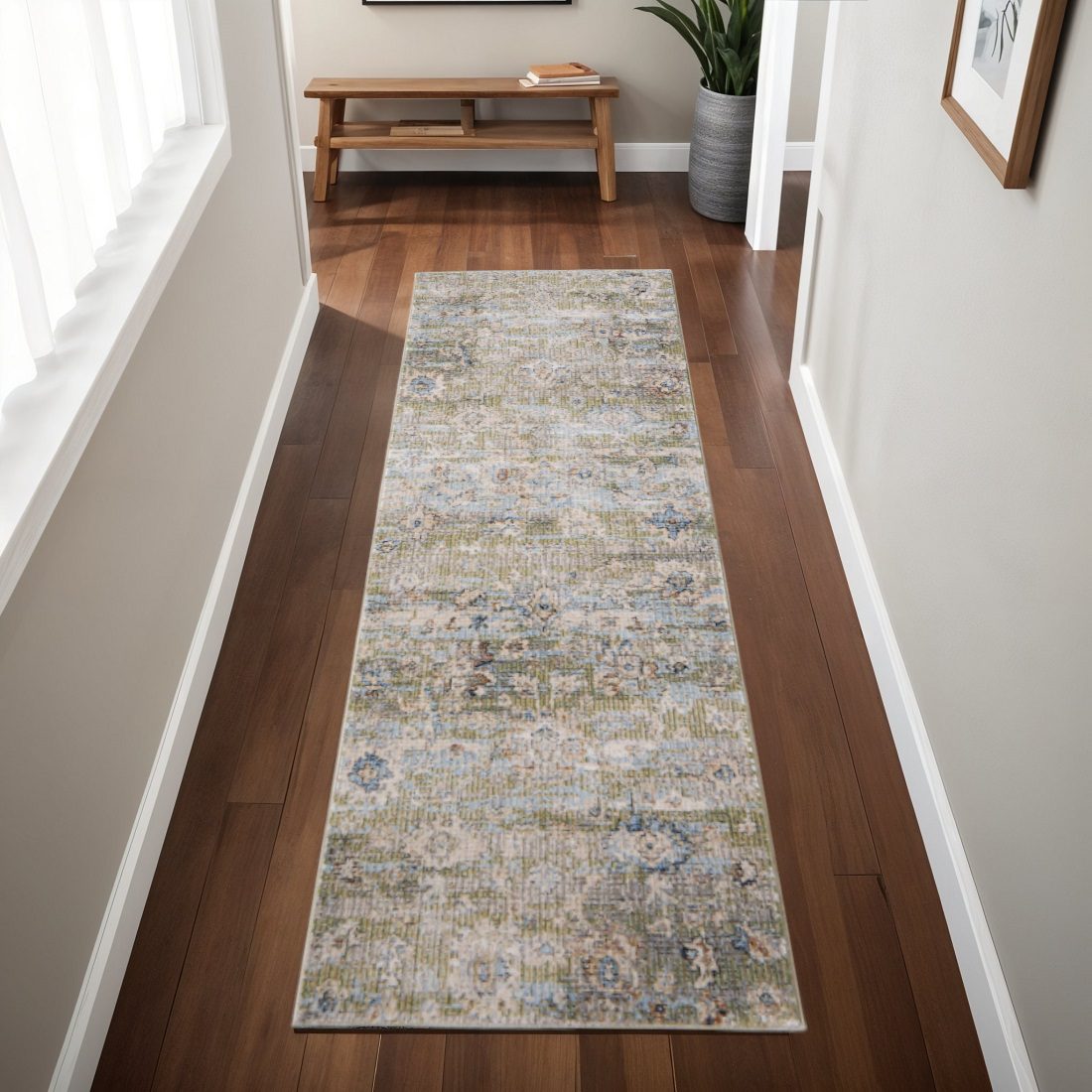 8′ Green Ivory and Blue Floral Distressed Runner Rug