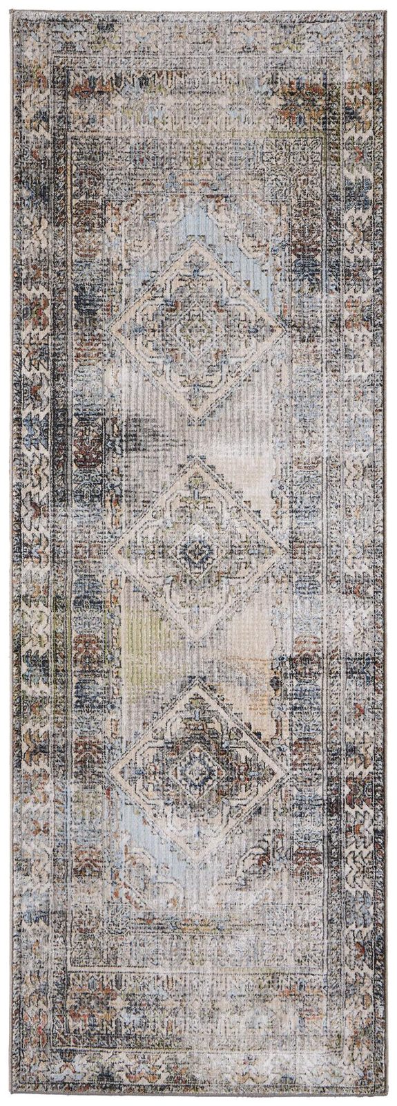 8′ Gray Red and Blue Abstract Distressed Runner Rug